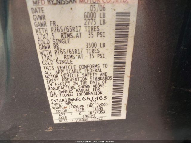 2006 NISSAN PATHFINDER 5N1AR18W66C661463 Photo 8