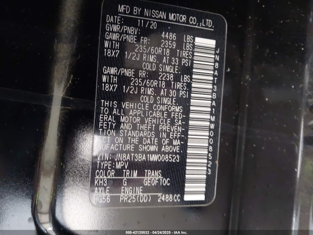 JN8AT3BA1MW008523 Nissan Rogue Sv Fwd
