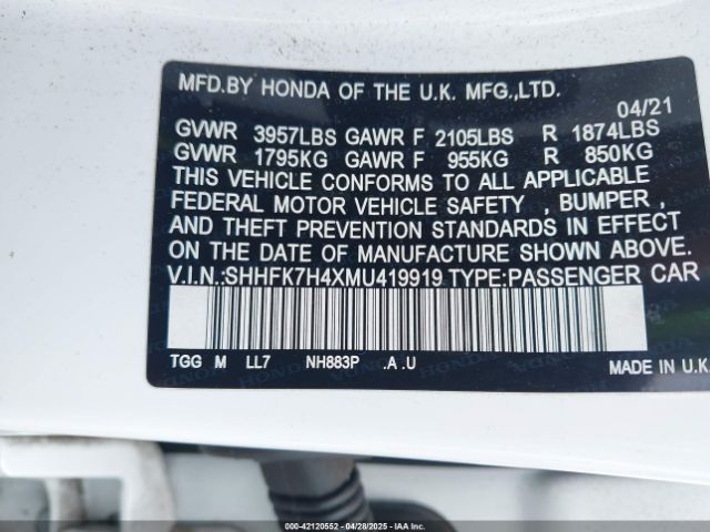 2021 HONDA CIVIC SHHFK7H4XMU419919 Photo 8
