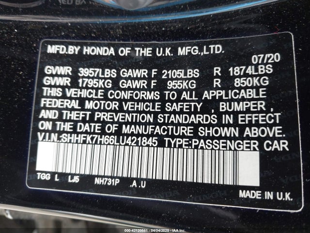 SHHFK7H66LU421845 Honda CIVIC EX