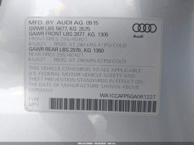 WA1CCAFP5GA061227 Audi 2016