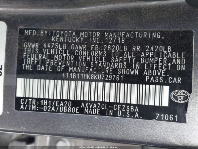 4T1B11HK8KU729761 Toyota CAMRY SE
