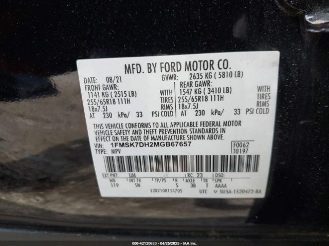 1FMSK7DH2MGB67657 Ford EXPLORER XLT