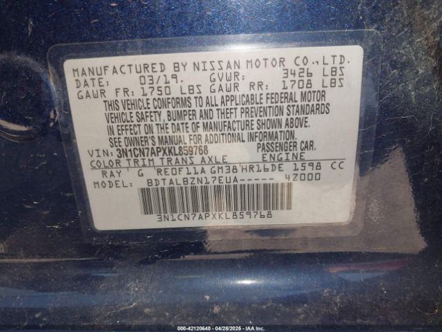 3N1CN7APXKL859768 Nissan Versa 1.6 Sv