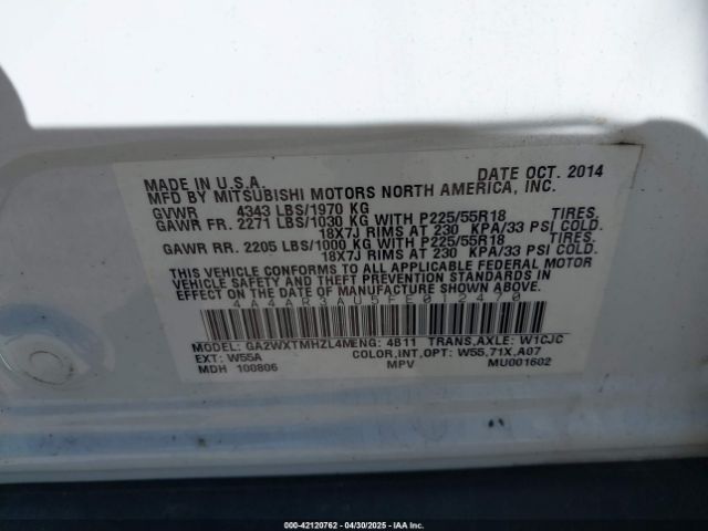 4A4AR3AU5FE012470 Mitsubishi Outlander Sport Es