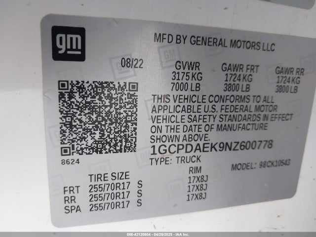 1GCPDAEK9NZ600778 Chevrolet Silverado 1500 4wd  Short Bed Wt