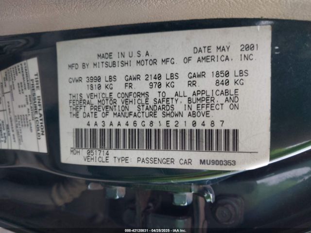 2001 MITSUBISHI GALANT 4A3AA46G81E210487 Photo 8