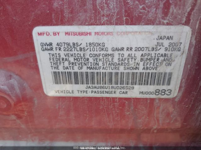 2008 MITSUBISHI LANCER JA3AU86U18U026529 Photo 8