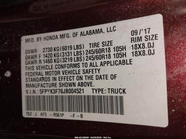 Honda Ridgeline Rtl-e 2018 5FPYK3F76JB004521 Image 9