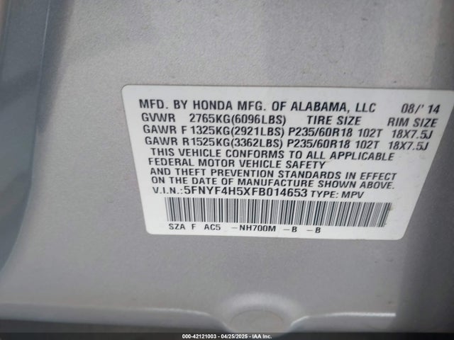 5FNYF4H5XFB014653 Honda Pilot Ex-l
