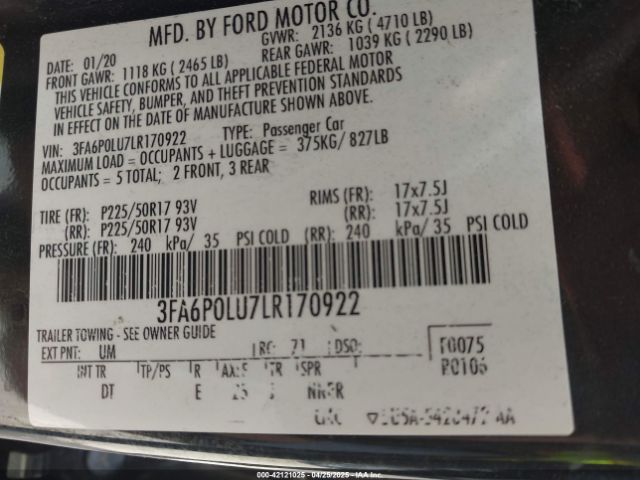 3FA6P0LU7LR170922 Ford Fusion Hybrid Se
