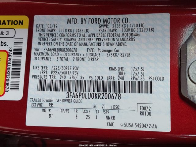3FA6P0LU0KR200678 Ford Fusion Hybrid Se