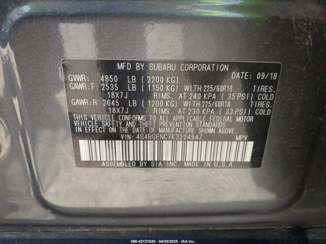 2019 SUBARU OUTBACK 4S4BSENC7K3224947 Photo 8