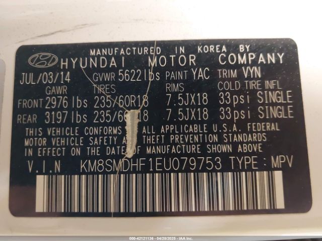 KM8SMDHF1EU079753 Hyundai Santa Fe Gls