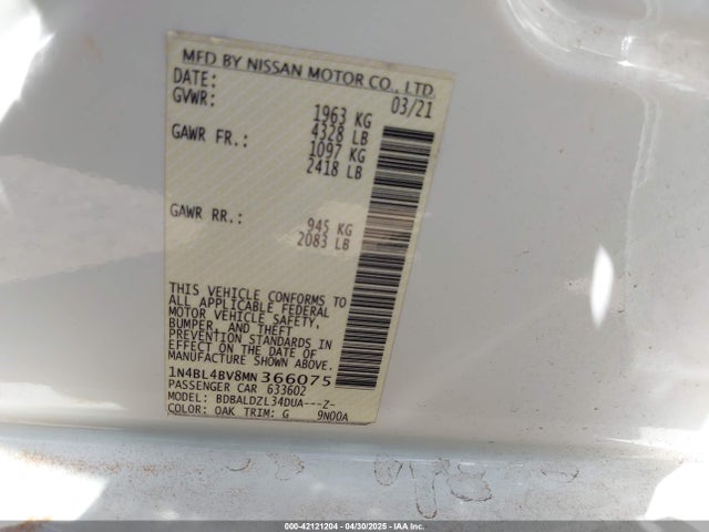 1N4BL4BV8MN366075 Nissan Altima S Fwd