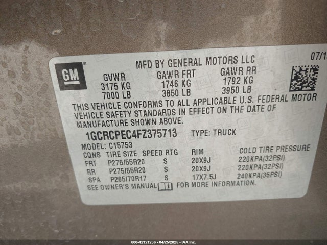 1GCRCPEC4FZ375713 Chevrolet l83 - vvt, active fuel management, aluminum