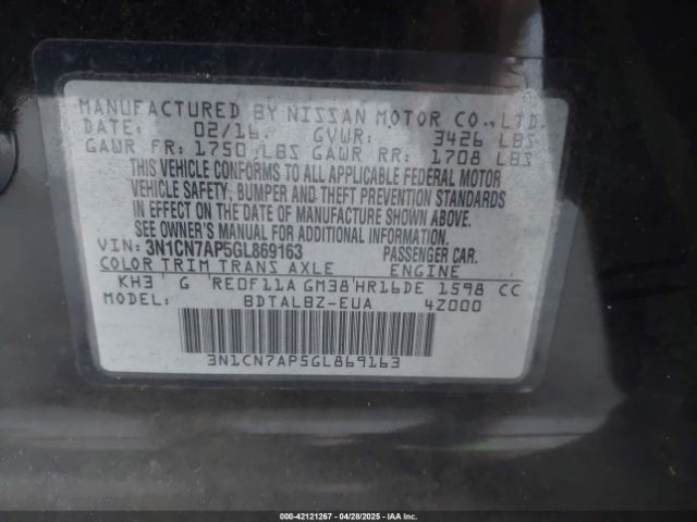 3N1CN7AP5GL869163 Nissan Versa 1.6 S/1.6 S+/1.6 Sl/1.6 Sv