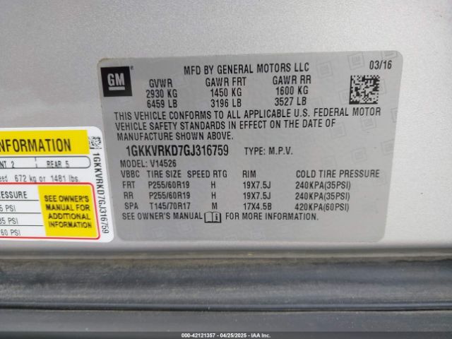 1GKKVRKD7GJ316759 GMC Acadia Slt-1