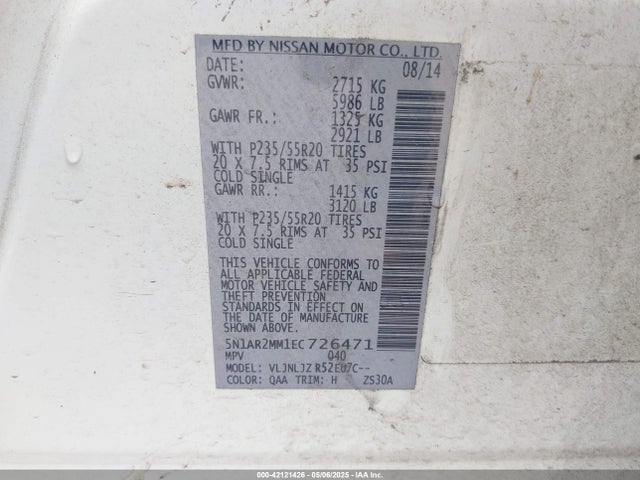 5N1AR2MM1EC726471 Nissan Pathfinder Platinum