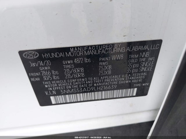 5NMS53AD9LH216639 Hyundai gdi theta ii