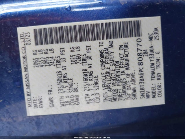 5N1BT3BA6PC808770 Nissan Rogue Sv Fwd