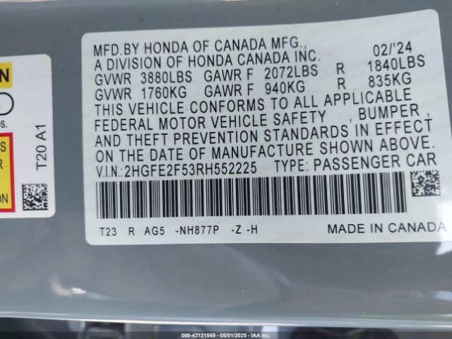 2HGFE2F53RH552225 Honda Civic Sport