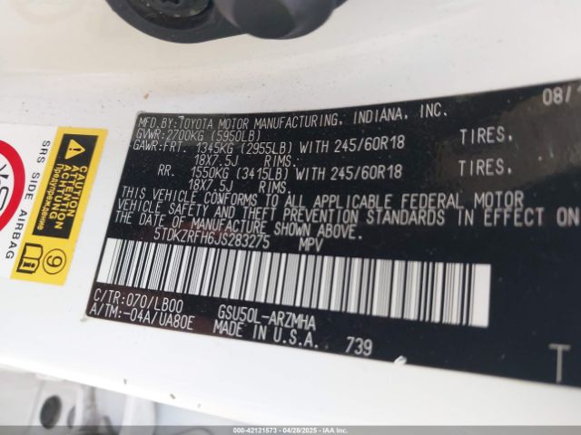 5TDKZRFH6JS283275 Toyota Highlander Xle