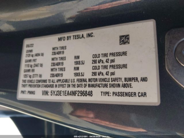 2022 TESLA MODEL 3 5YJ3E1EA4NF296848 Photo 8