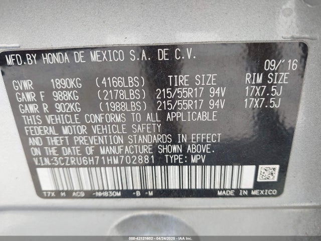 3CZRU6H71HM702881 Honda Hr-v Ex-l