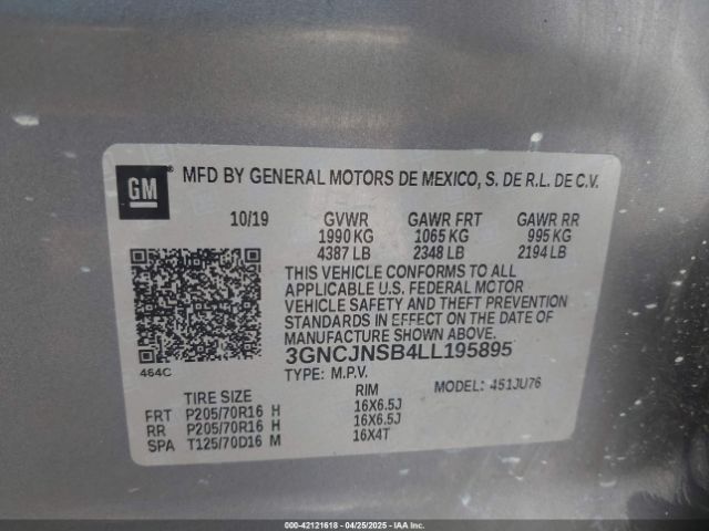 3GNCJNSB4LL195895 Chevrolet Trax Awd Ls