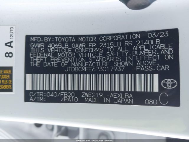 JTDBCMFE6P3017937 Toyota Corolla Hybrid Le