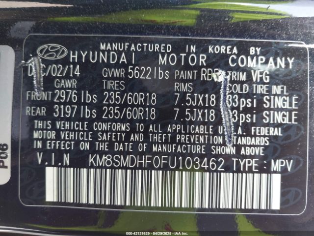 KM8SMDHF0FU103462 Hyundai Santa Fe Gls