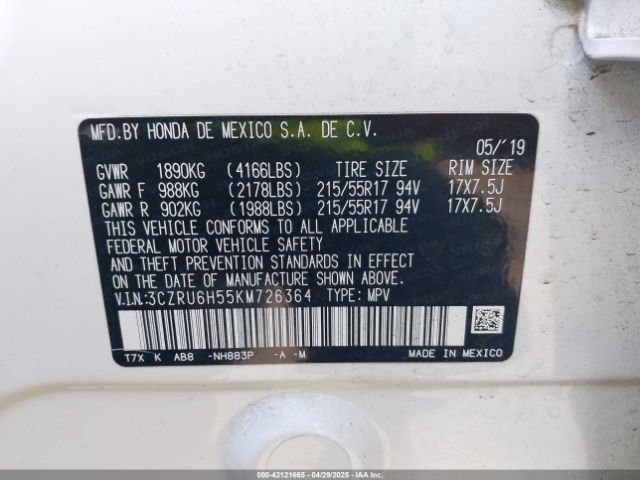 3CZRU6H55KM726364 Honda HR-V EX