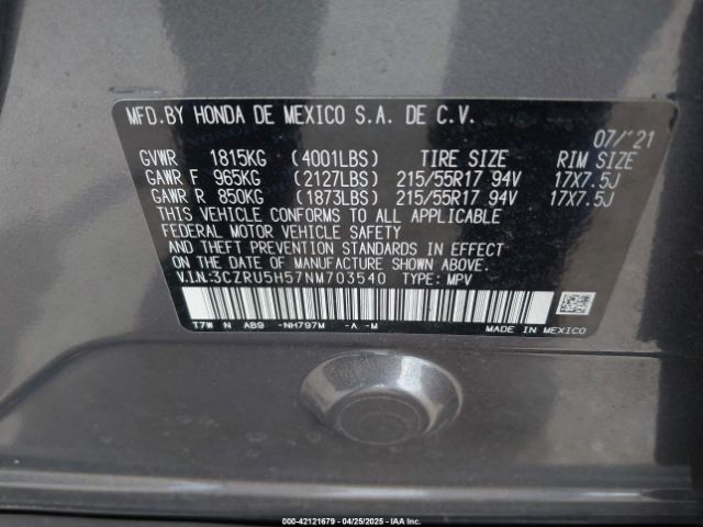 3CZRU5H57NM703540 Honda Hr-v 2wd Ex