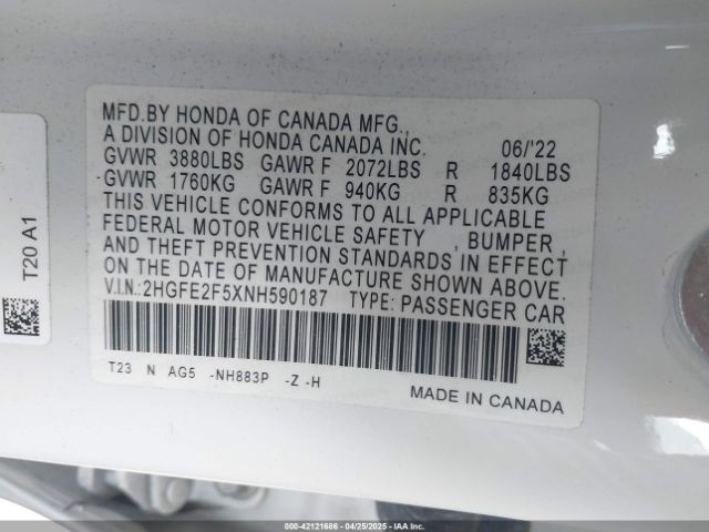 2HGFE2F5XNH590187 Honda Civic Sport