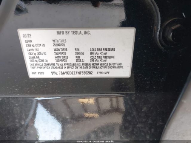 7SAYGDEE1NF550202 Tesla Model Y Long Range Dual Motor All-wheel Drive