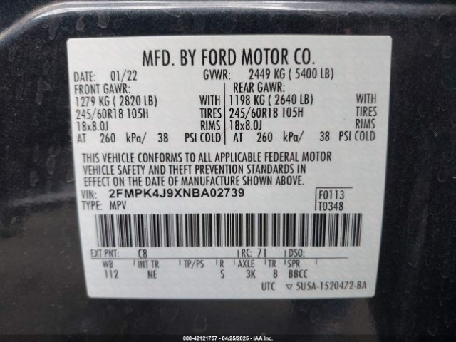 2FMPK4J9XNBA02739 Ford EDGE SEL