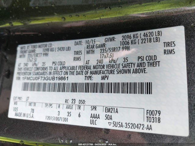 1FMCU0F73GUB19861 Ford ESCAPE S