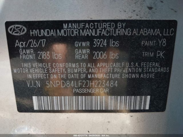 5NPD84LF2JH223484 Hyundai ELANTRA SEL