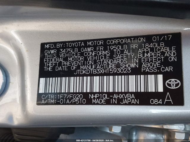 JTDKDTB3XH1593023 Toyota 1nz-fxe+1lm