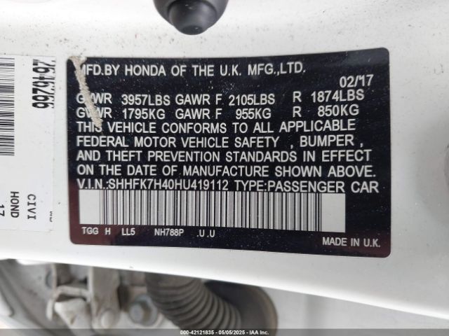SHHFK7H40HU419112 Honda Civic Sport