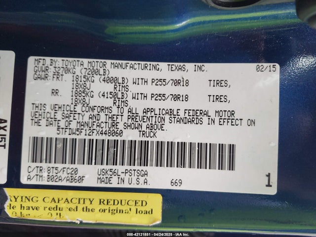 5TFDW5F12FX448060 Toyota Tundra Sr5 5.7l V8