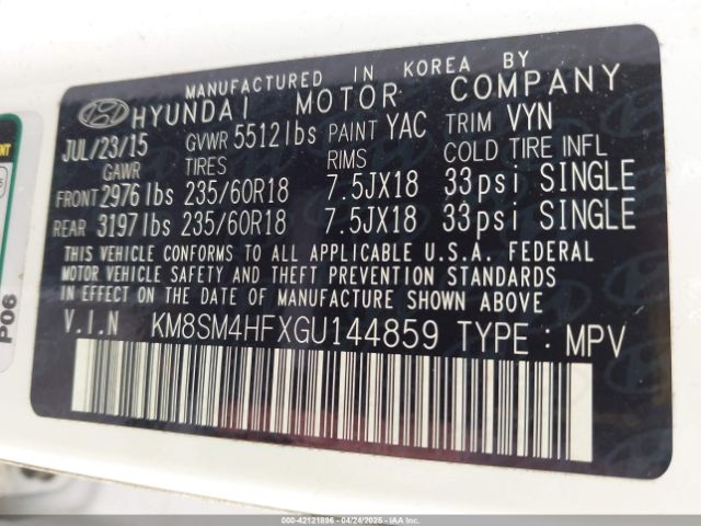 KM8SM4HFXGU144859 Hyundai Santa Fe Se