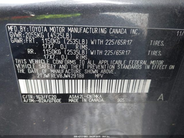 2T3WFREV8JW429188 Toyota Rav4 Xle