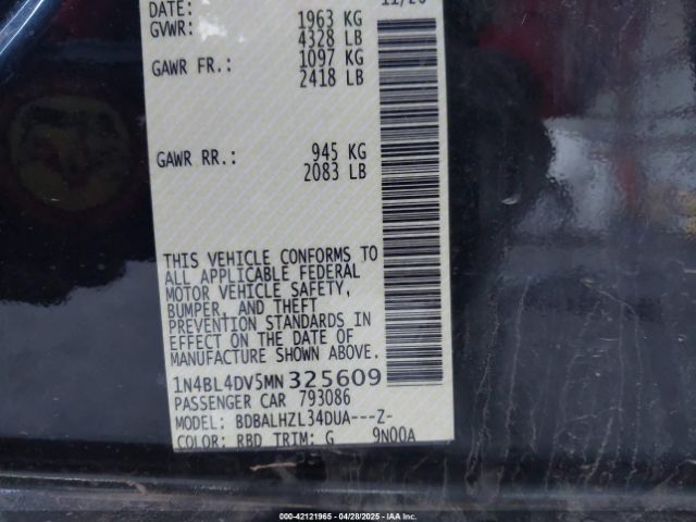 1N4BL4DV5MN325609 Nissan Altima Sv Fwd