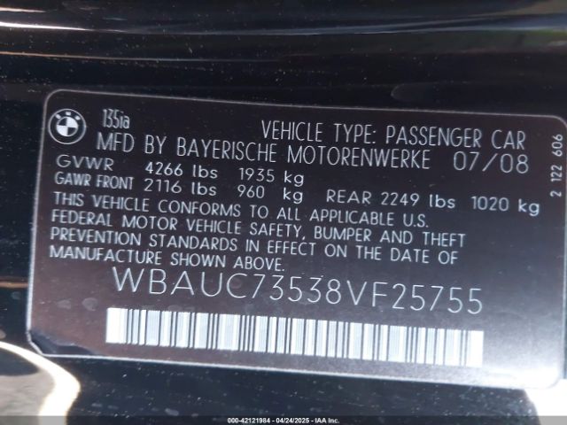 2008 BMW 135I WBAUC73538VF25755 Photo 8