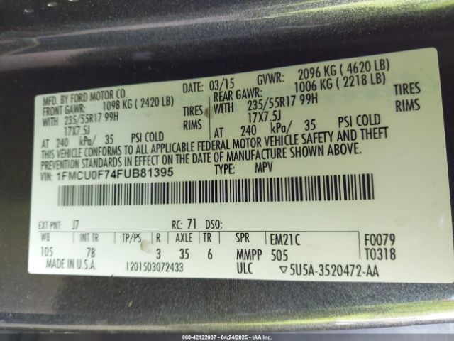 1FMCU0F74FUB81395 Ford ESCAPE S