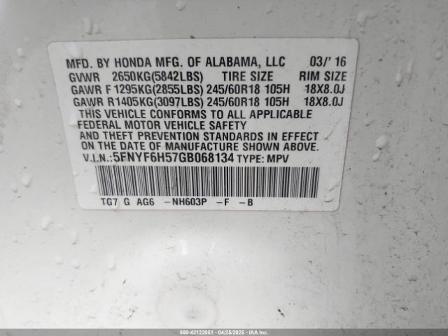 5FNYF6H57GB068134 Honda Pilot Ex-l