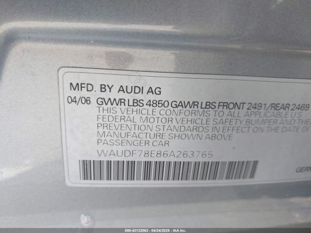 2006 AUDI A4 WAUDF78E86A263765 Photo 8