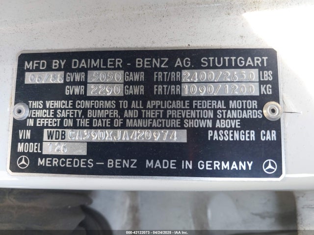 Продаж на аукціоні авто 1988 Mercedes-benz 560 Sel, vin: WDBCA39DXJA420974, номер лоту: 42122073